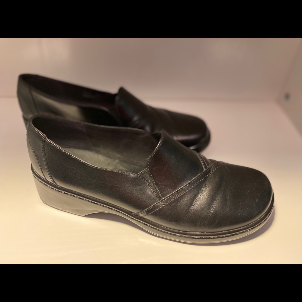 Clarks Black Leather Loafer Wedge